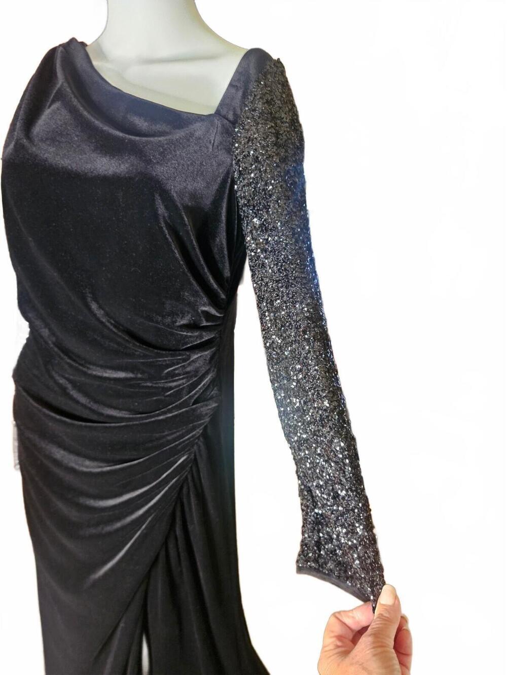 Adrianna Papell Black Velvet Evening Gown with Sequin Sleeves and Slit Sz 14 - Picture 3 of 9